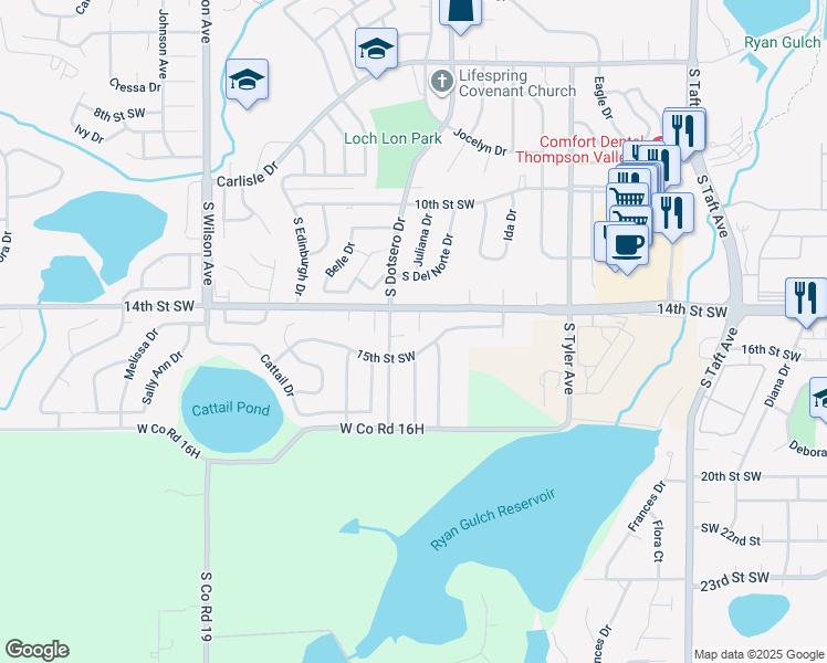 map of restaurants, bars, coffee shops, grocery stores, and more near 2217 15th Street Southwest in Loveland