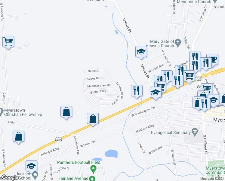 map of restaurants, bars, coffee shops, grocery stores, and more near Exeter Alley in Myerstown