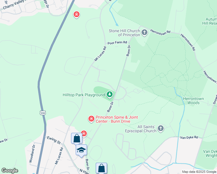 map of restaurants, bars, coffee shops, grocery stores, and more near 782 Bunn Drive in Princeton