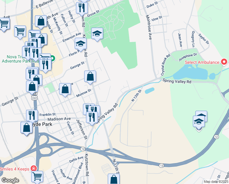 map of restaurants, bars, coffee shops, grocery stores, and more near 2812 Moyers Lane in Reading