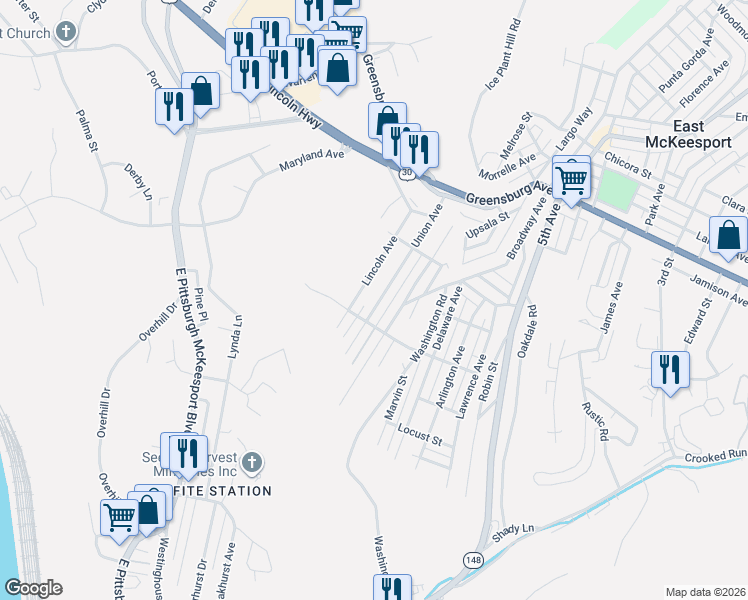 map of restaurants, bars, coffee shops, grocery stores, and more near 222 Broadway Street Extension in North Versailles