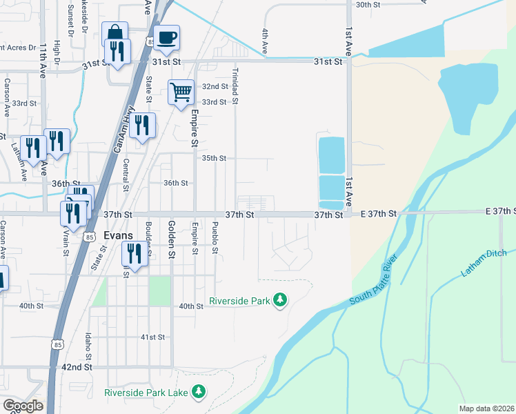 map of restaurants, bars, coffee shops, grocery stores, and more near 3705 Riverside Parkway in Evans