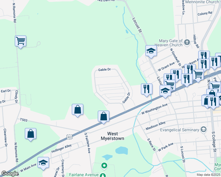 map of restaurants, bars, coffee shops, grocery stores, and more near 76 Gable Drive in Myerstown