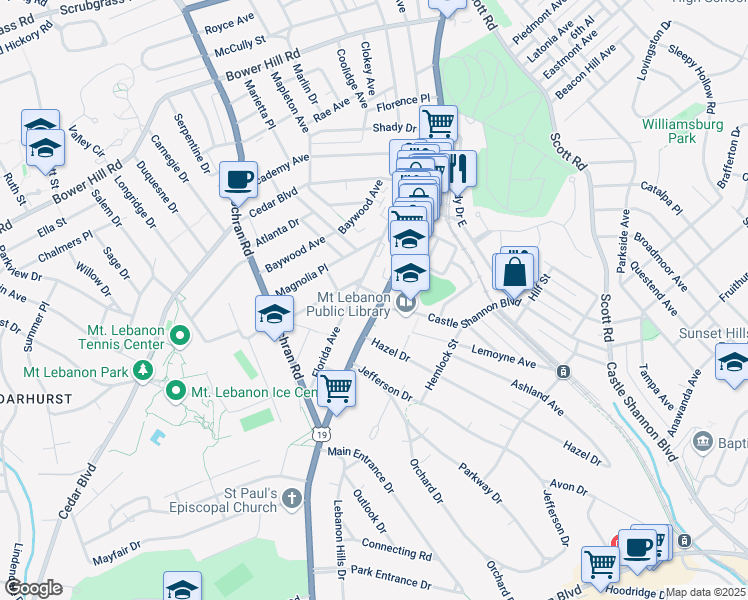 map of restaurants, bars, coffee shops, grocery stores, and more near 801 Washington Road in Pittsburgh
