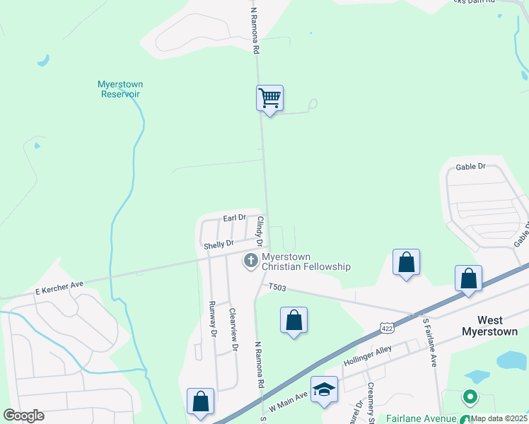 map of restaurants, bars, coffee shops, grocery stores, and more near 111 North Ramona Road in Myerstown