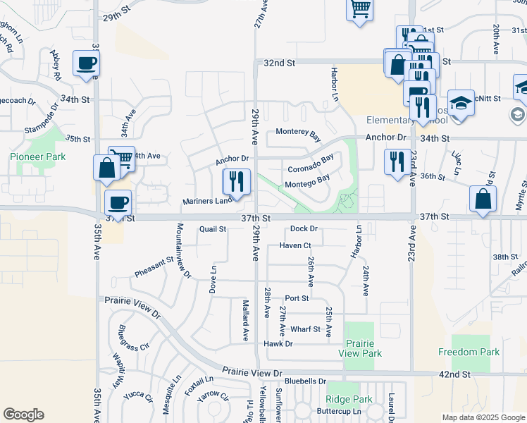 map of restaurants, bars, coffee shops, grocery stores, and more near 2901 37th Street in Evans