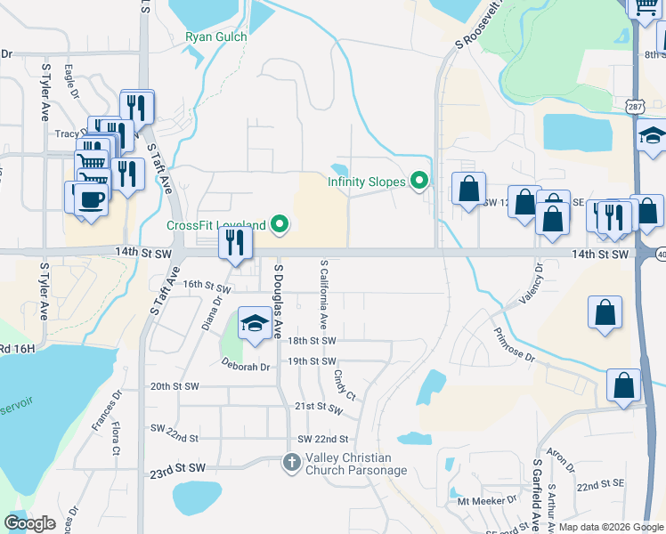 map of restaurants, bars, coffee shops, grocery stores, and more near 815 14th Street Southwest in Loveland