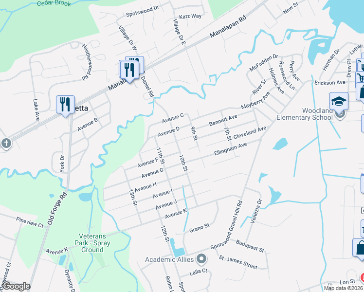 map of restaurants, bars, coffee shops, grocery stores, and more near 1 Bennett Avenue in Monroe Township