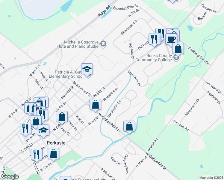 map of restaurants, bars, coffee shops, grocery stores, and more near 705 North 5th Street in Perkasie