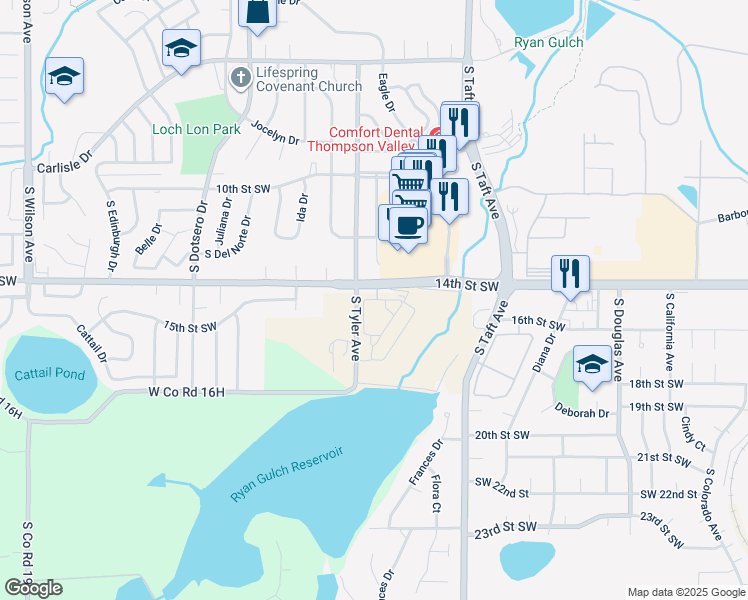 map of restaurants, bars, coffee shops, grocery stores, and more near 1370 Lavender Court in Loveland