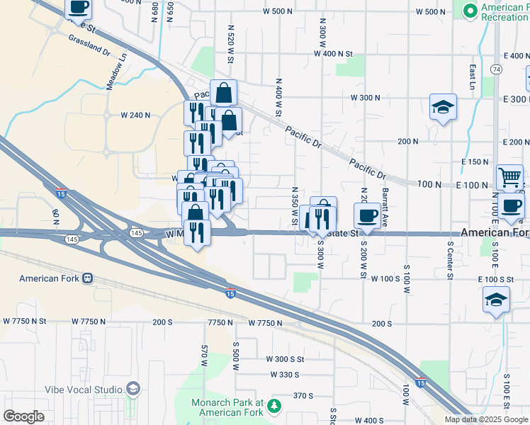 map of restaurants, bars, coffee shops, grocery stores, and more near 429 West 90 North Street in American Fork
