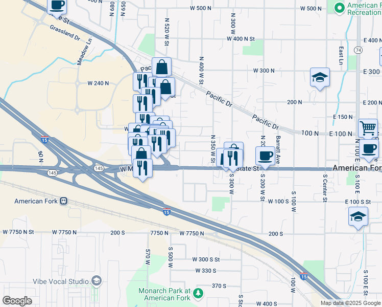 map of restaurants, bars, coffee shops, grocery stores, and more near 429 West 90 North Street in American Fork
