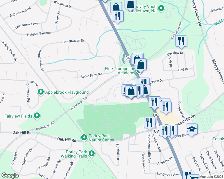 map of restaurants, bars, coffee shops, grocery stores, and more near Normandy Road in Red Bank