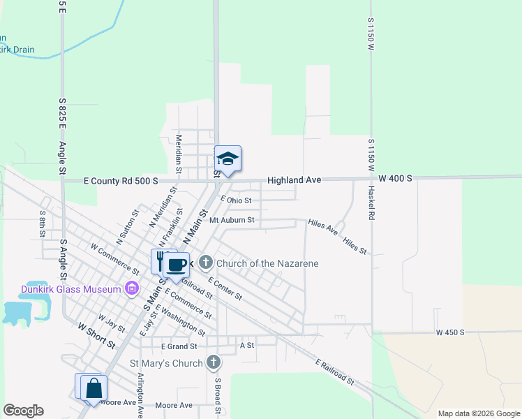 map of restaurants, bars, coffee shops, grocery stores, and more near North Johnson Street in Dunkirk