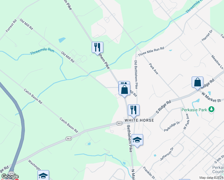 map of restaurants, bars, coffee shops, grocery stores, and more near 114 Mill Road in Sellersville