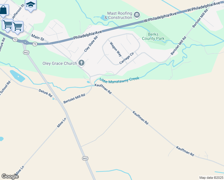 map of restaurants, bars, coffee shops, grocery stores, and more near 31 Kauffman Road in Oley