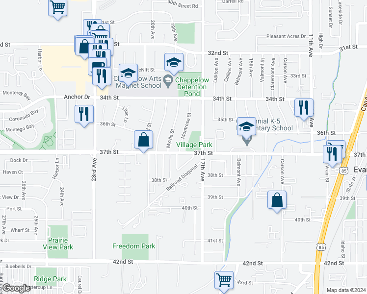 map of restaurants, bars, coffee shops, grocery stores, and more near 3610 Montrose Street in Evans
