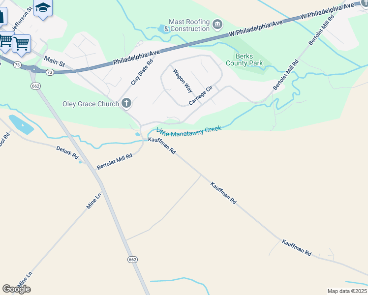 map of restaurants, bars, coffee shops, grocery stores, and more near 31 Kauffman Road in Oley