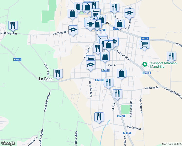 map of restaurants, bars, coffee shops, grocery stores, and more near 16 Via Bradano in Pulsano