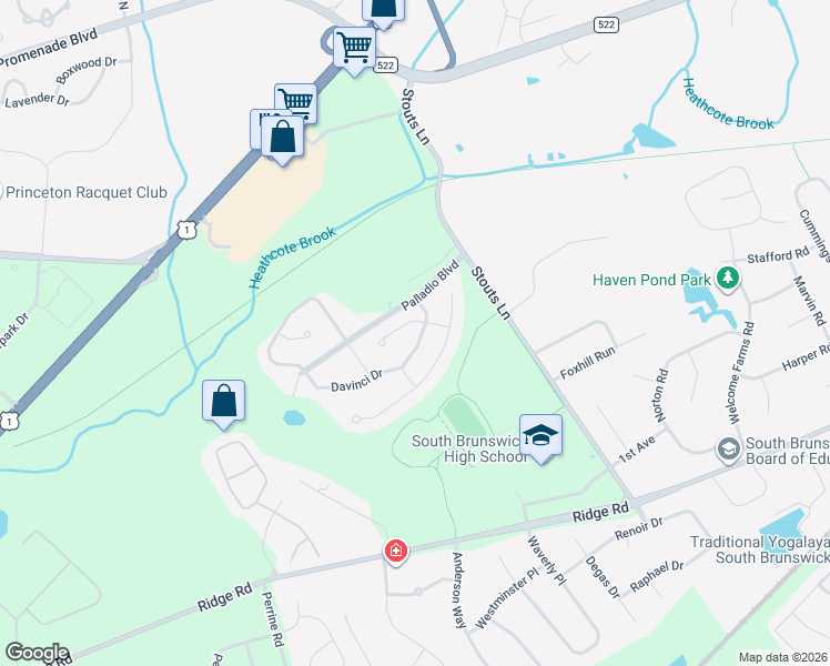 map of restaurants, bars, coffee shops, grocery stores, and more near 3 Donatello Court in South Brunswick Township