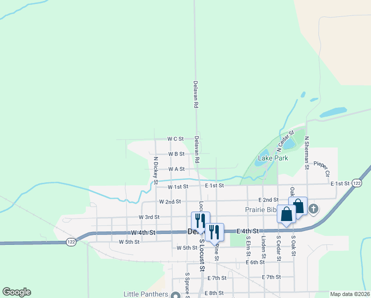 map of restaurants, bars, coffee shops, grocery stores, and more near 116 West C Street in Delavan