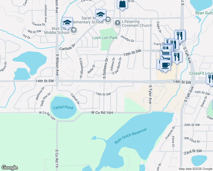 map of restaurants, bars, coffee shops, grocery stores, and more near 1919 14th Street Southwest in Loveland