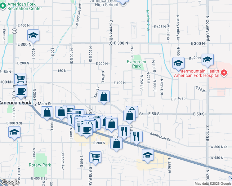 map of restaurants, bars, coffee shops, grocery stores, and more near 630 East 100 North in American Fork