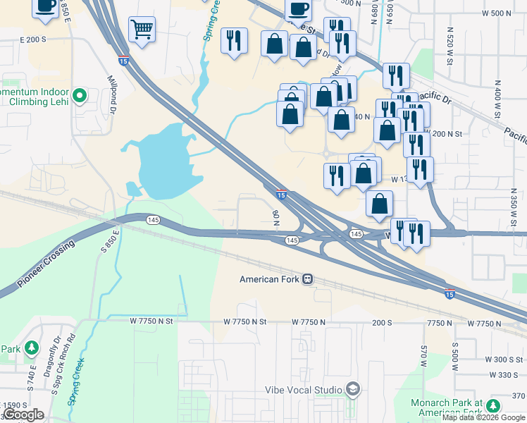 map of restaurants, bars, coffee shops, grocery stores, and more near 57 North 900 West in American Fork