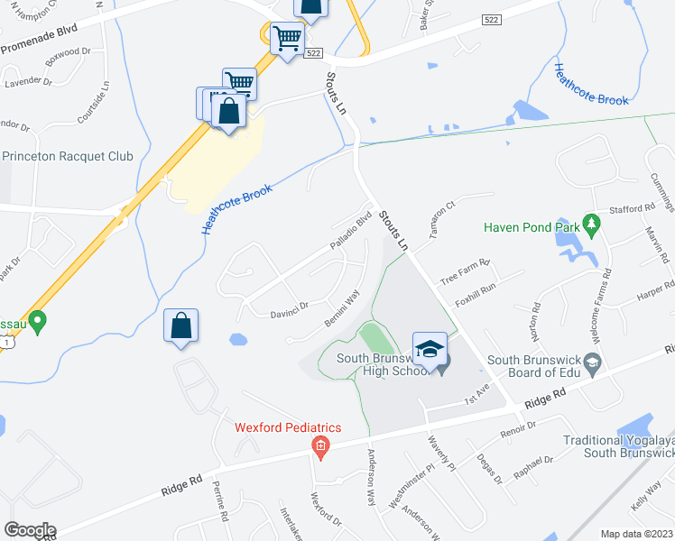 map of restaurants, bars, coffee shops, grocery stores, and more near 3 Donatello Court in South Brunswick Township