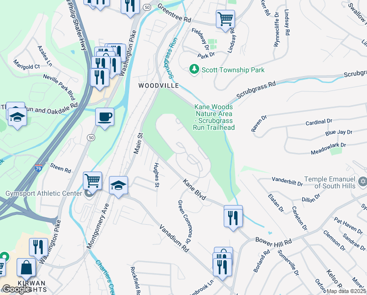 map of restaurants, bars, coffee shops, grocery stores, and more near 100 Adams Ave in Pittsburgh