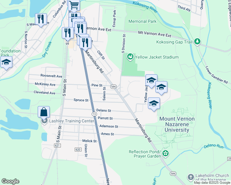 map of restaurants, bars, coffee shops, grocery stores, and more near 908 South Division Street in Mount Vernon