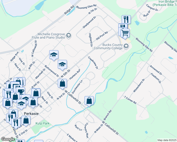 map of restaurants, bars, coffee shops, grocery stores, and more near 514 Waltham Lane in Perkasie