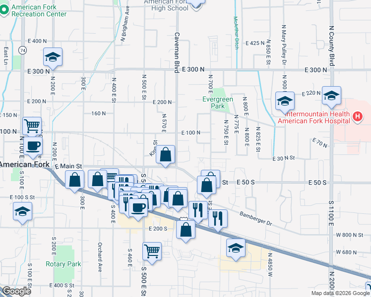 map of restaurants, bars, coffee shops, grocery stores, and more near 630 East 100 North in American Fork
