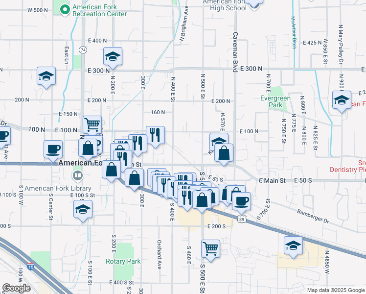 map of restaurants, bars, coffee shops, grocery stores, and more near 80 North 400 East in American Fork