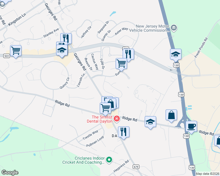 map of restaurants, bars, coffee shops, grocery stores, and more near 3 Zinnia Court in South Brunswick Township