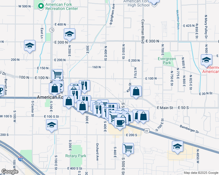 map of restaurants, bars, coffee shops, grocery stores, and more near 80 North 400 East in American Fork