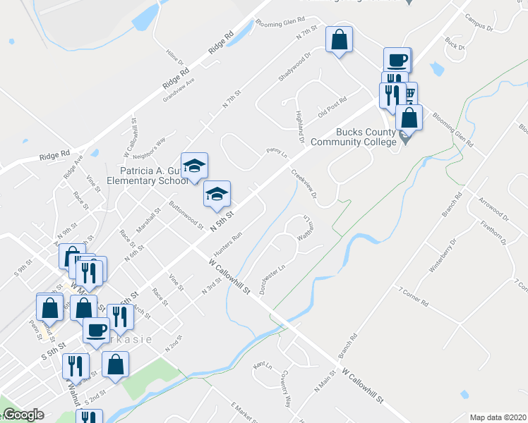 map of restaurants, bars, coffee shops, grocery stores, and more near 622 Hunters Run in Perkasie