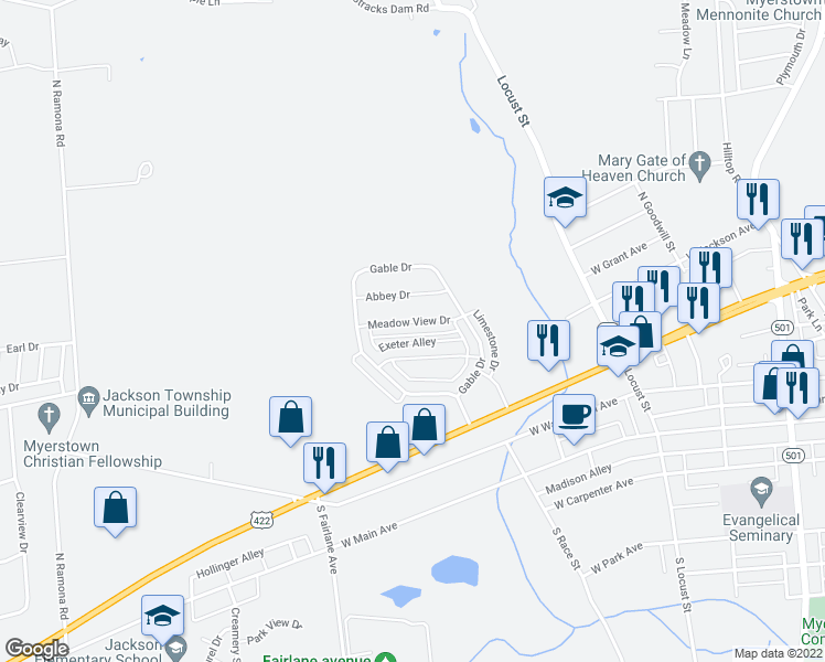 map of restaurants, bars, coffee shops, grocery stores, and more near 82 Gable Drive in Myerstown