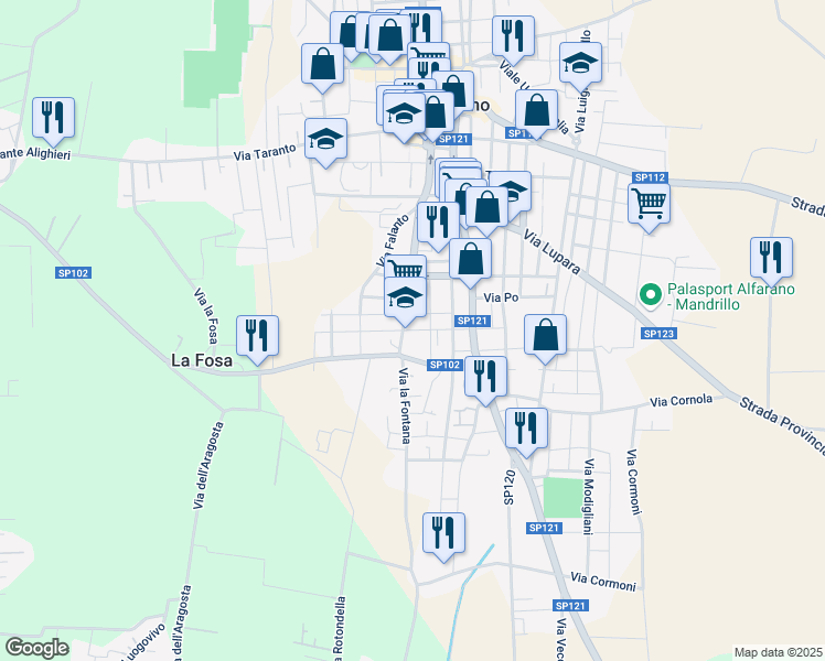 map of restaurants, bars, coffee shops, grocery stores, and more near 16 Via Bradano in Pulsano