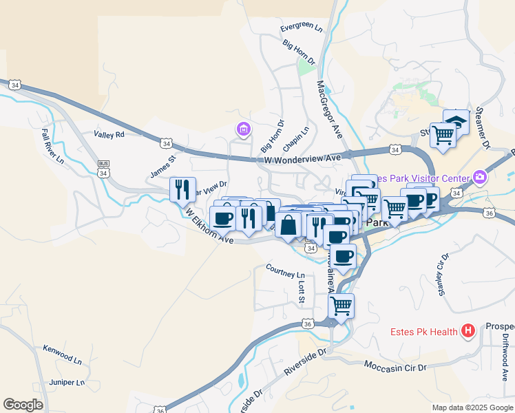 map of restaurants, bars, coffee shops, grocery stores, and more near 315 Big Horn Drive in Estes Park