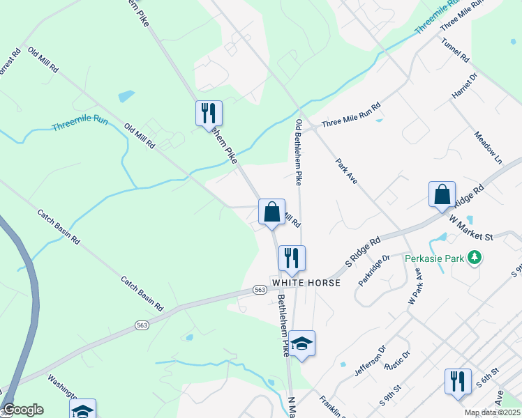 map of restaurants, bars, coffee shops, grocery stores, and more near 114 Mill Road in Sellersville