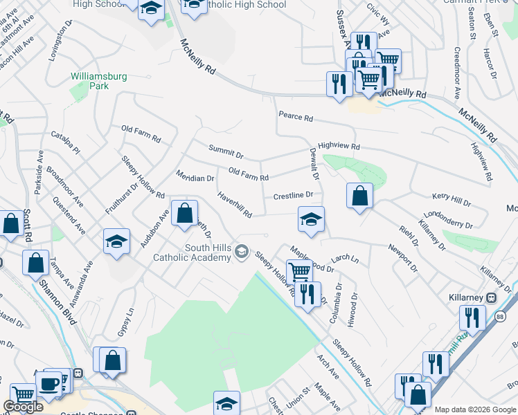 map of restaurants, bars, coffee shops, grocery stores, and more near 501 Crestline Drive in Pittsburgh