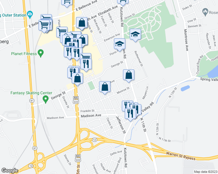 map of restaurants, bars, coffee shops, grocery stores, and more near 524 Vesta Place in Reading