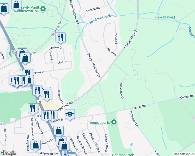 map of restaurants, bars, coffee shops, grocery stores, and more near 21 Sleepy Hollow Road in Red Bank
