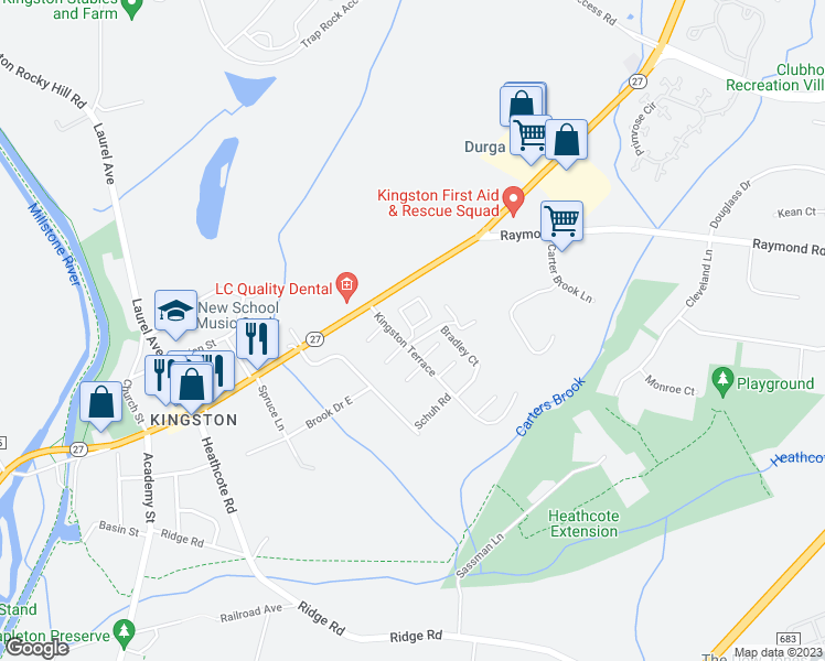 map of restaurants, bars, coffee shops, grocery stores, and more near 61 Fair Acres Court in Princeton