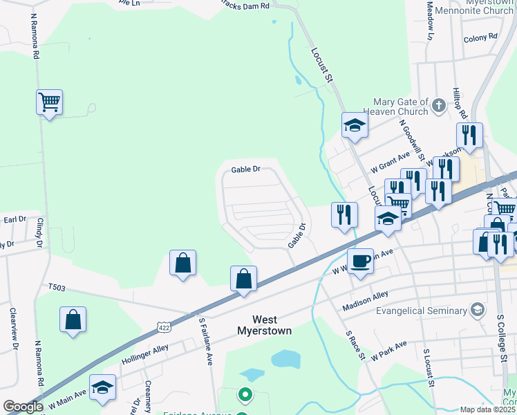 map of restaurants, bars, coffee shops, grocery stores, and more near 326 Meadow View Drive in Myerstown