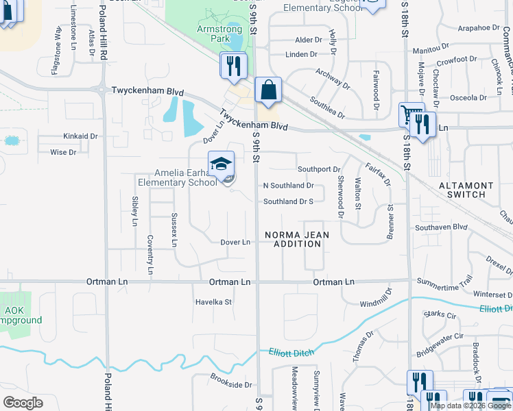 map of restaurants, bars, coffee shops, grocery stores, and more near 3270-3278 South 9th Street in Lafayette