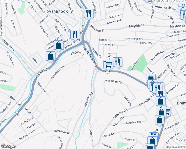 map of restaurants, bars, coffee shops, grocery stores, and more near 2648 Saw Mill Run Boulevard in Pittsburgh