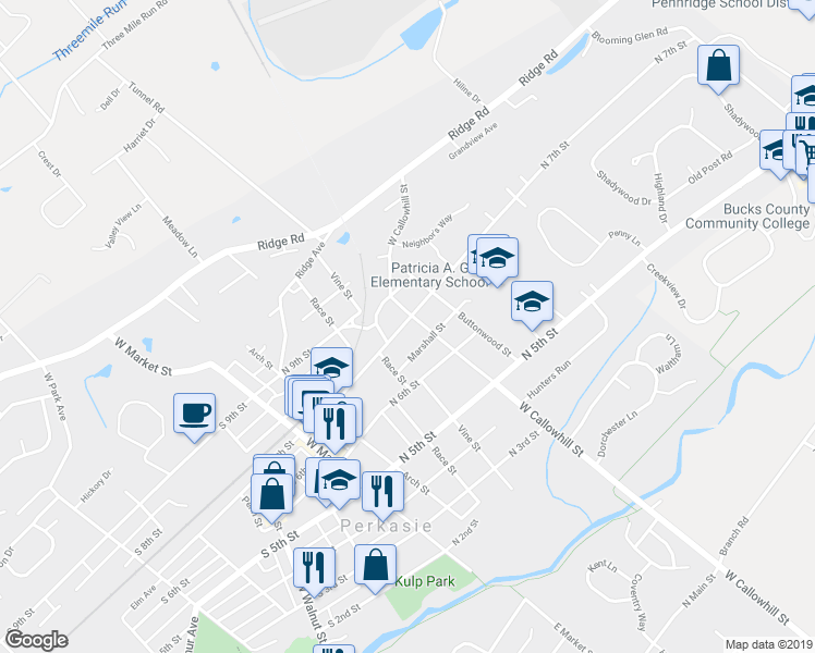 map of restaurants, bars, coffee shops, grocery stores, and more near 321 North 7th Street in Perkasie