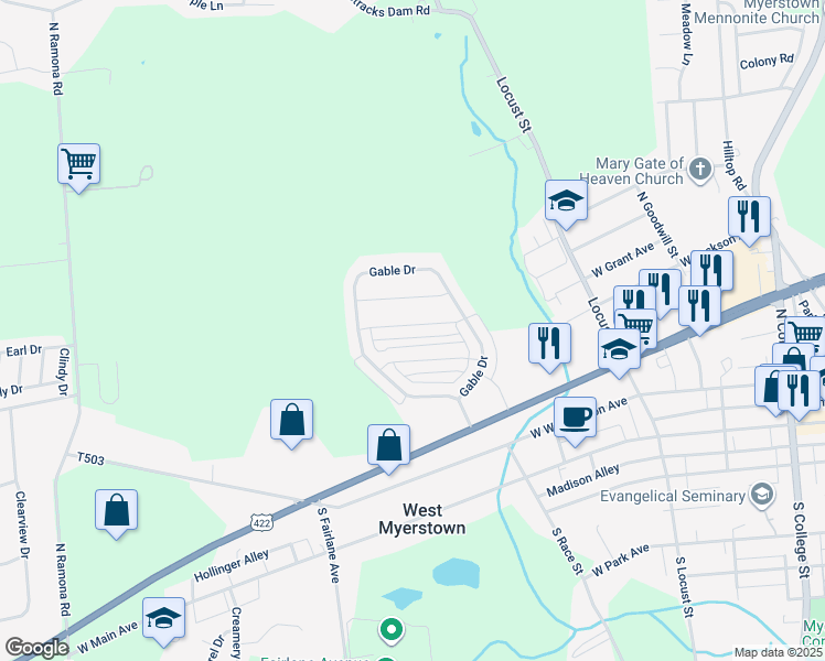 map of restaurants, bars, coffee shops, grocery stores, and more near 326 Meadow View Drive in Myerstown